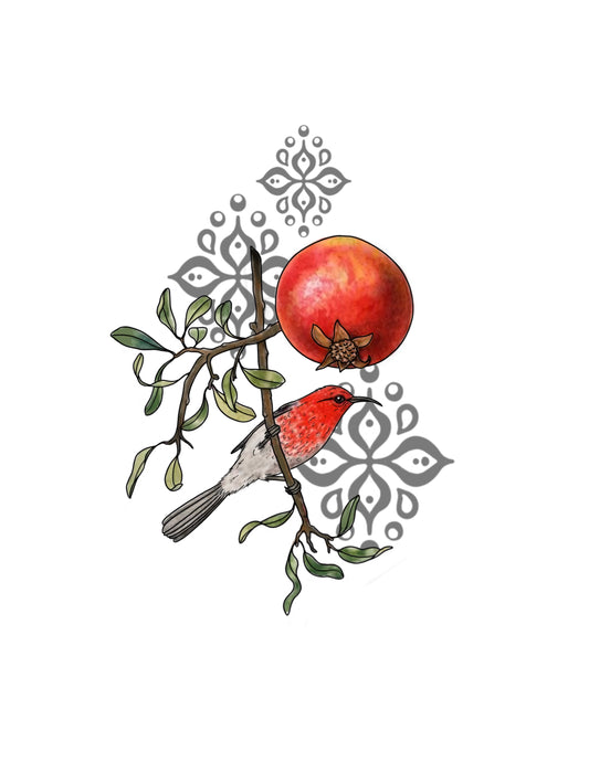 STEPHEN : Scarlet Honeyeater with Pomegranates : $1250+